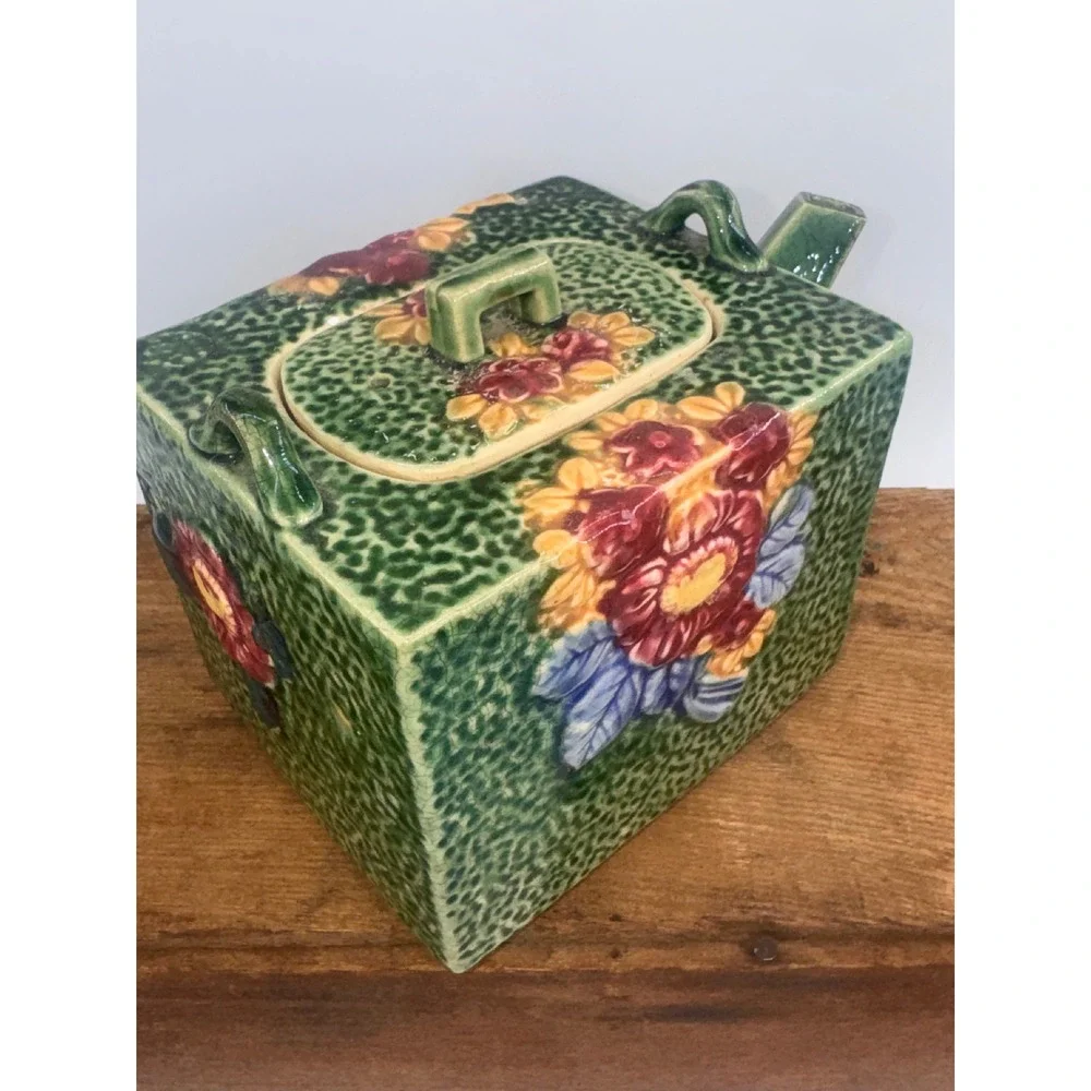 Vintage Japanese Square Ceramic Teapot Floral Majolica Style Green Made in Japan